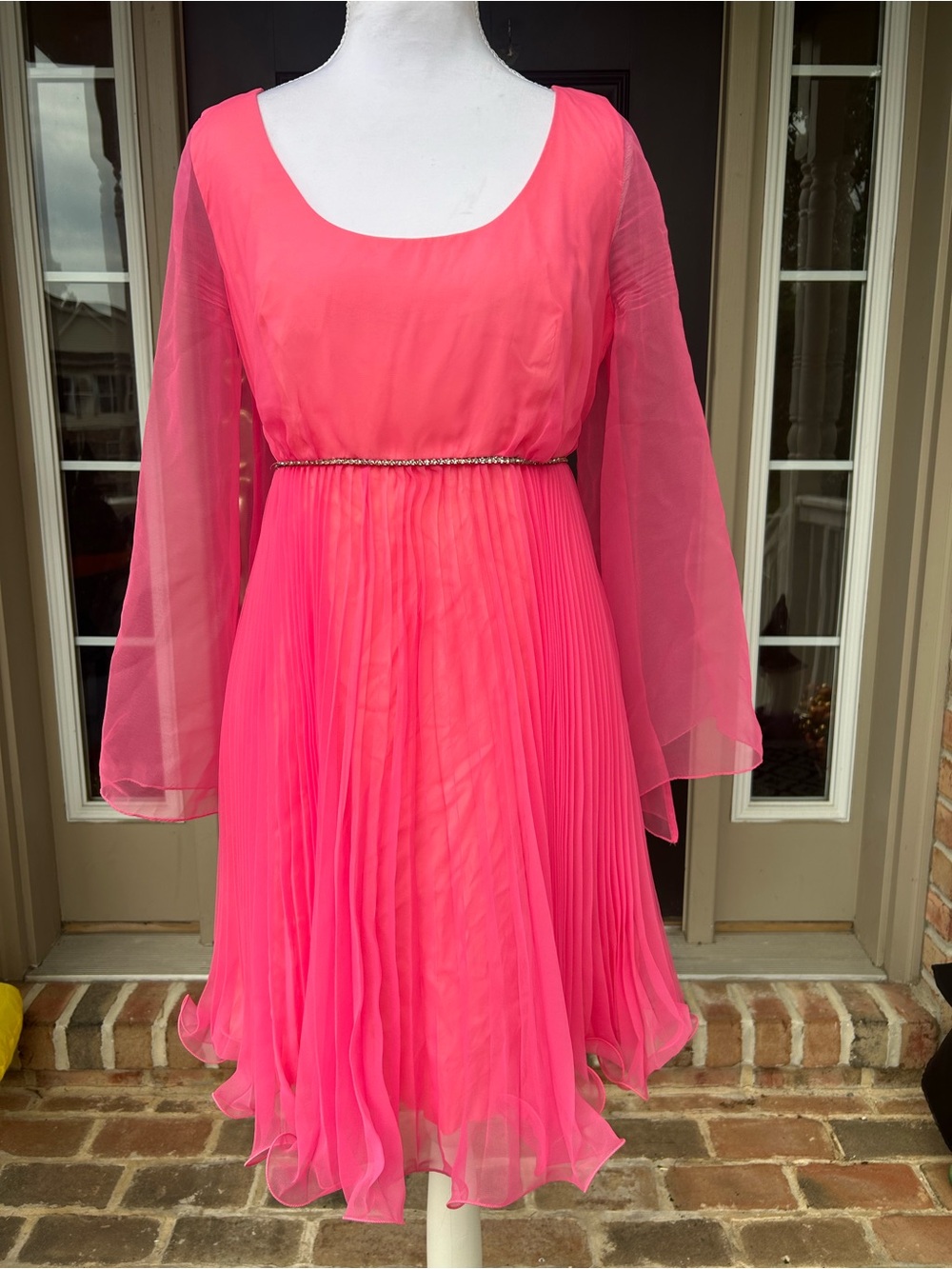 Vintage 60s 70s hot pink chiffon accordion pleat empire waist fairy dress M
